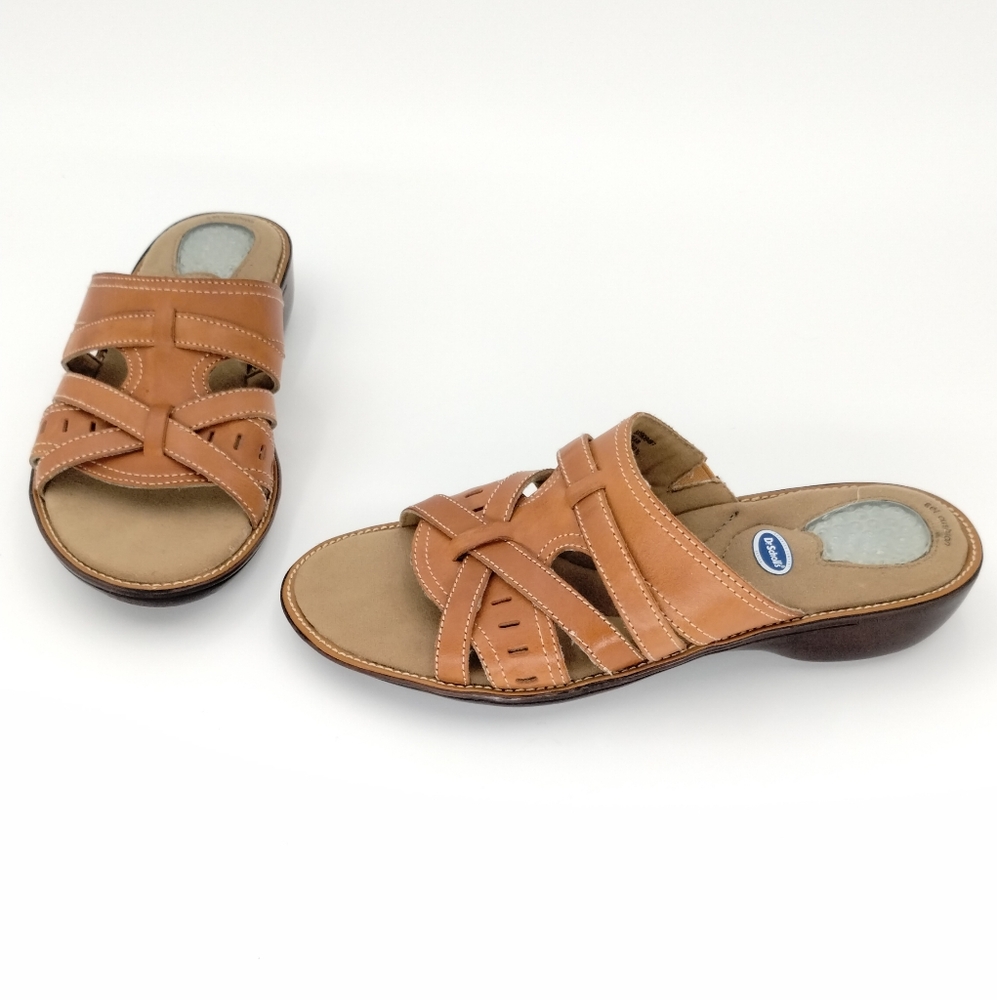 Dr Scholls Womens 8 Sandals Brown Leather Slip On Gel Cushion Wedge Slide